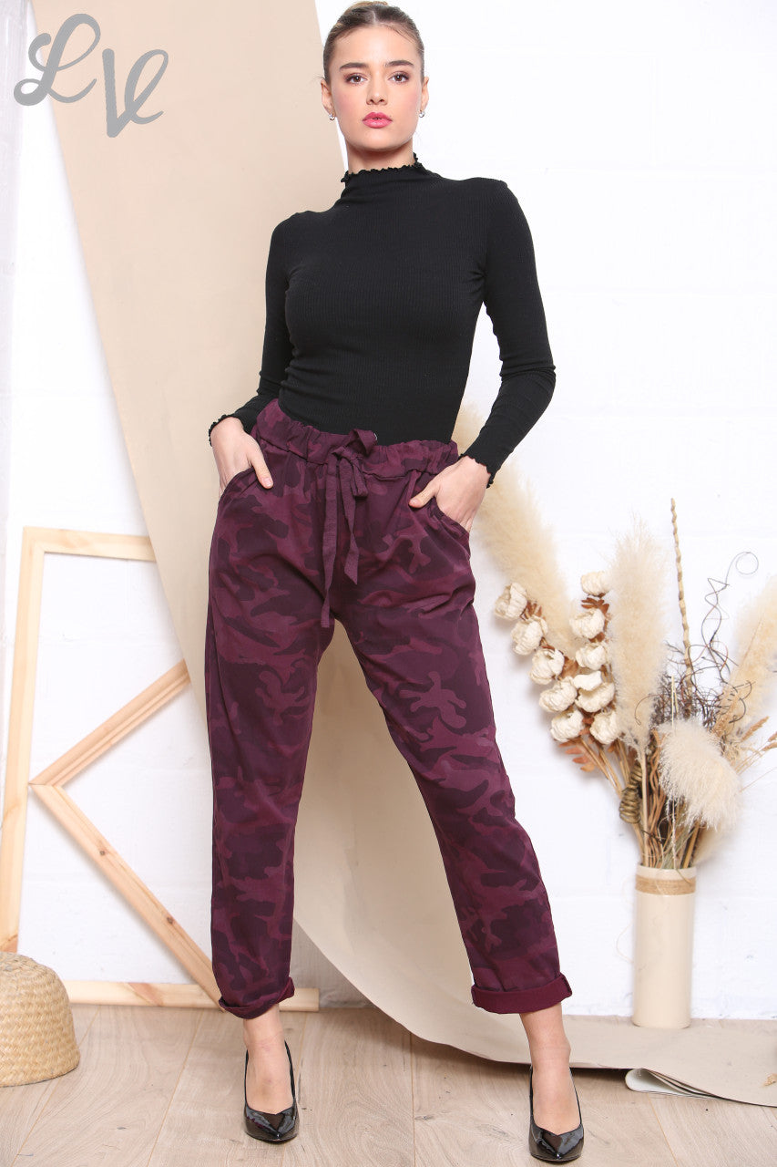 Ladies Plus Size Camo Print Magic Trousers Burgundy Unit Price WAS 12.99 NOW £4.99