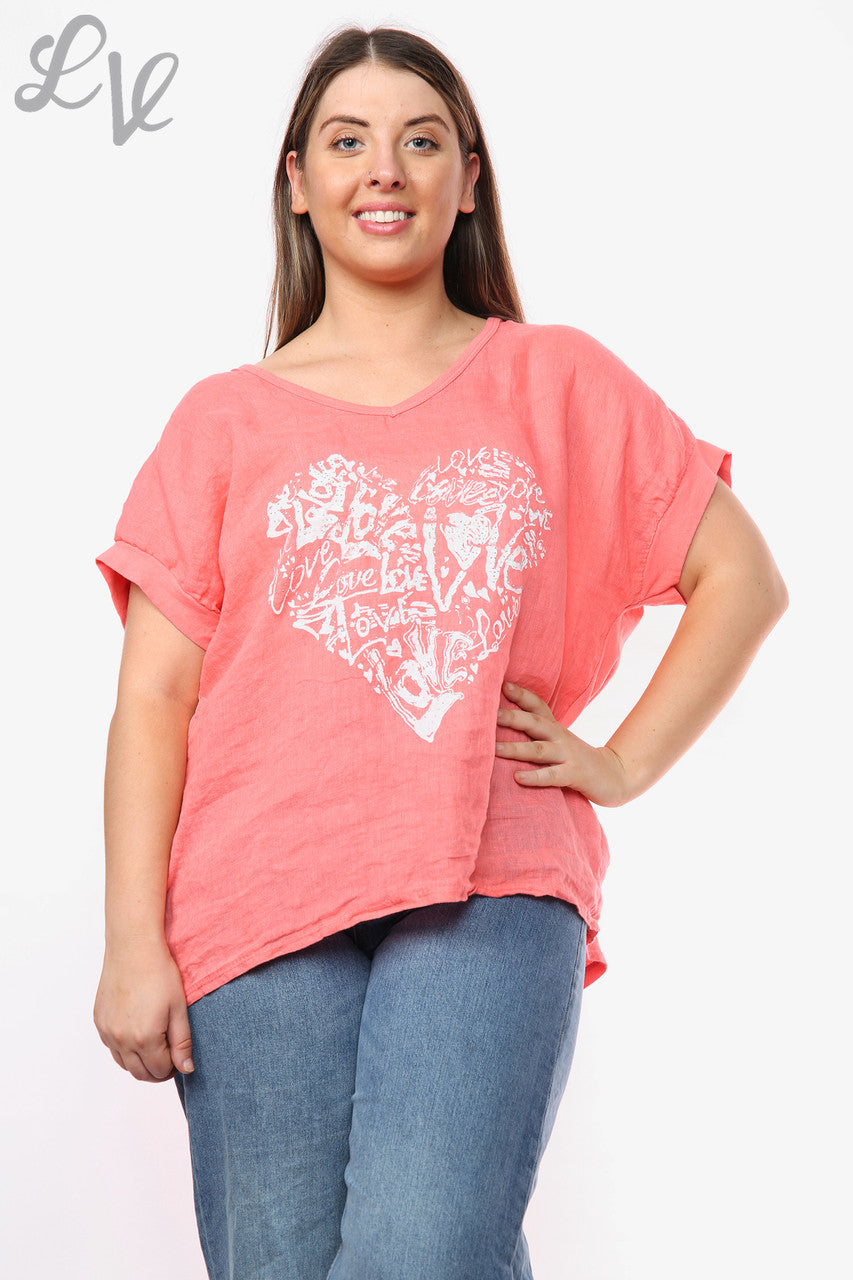 Ladies Heart Graffiti Top Coral Unit Price WAS £10.99 NOW £7.99