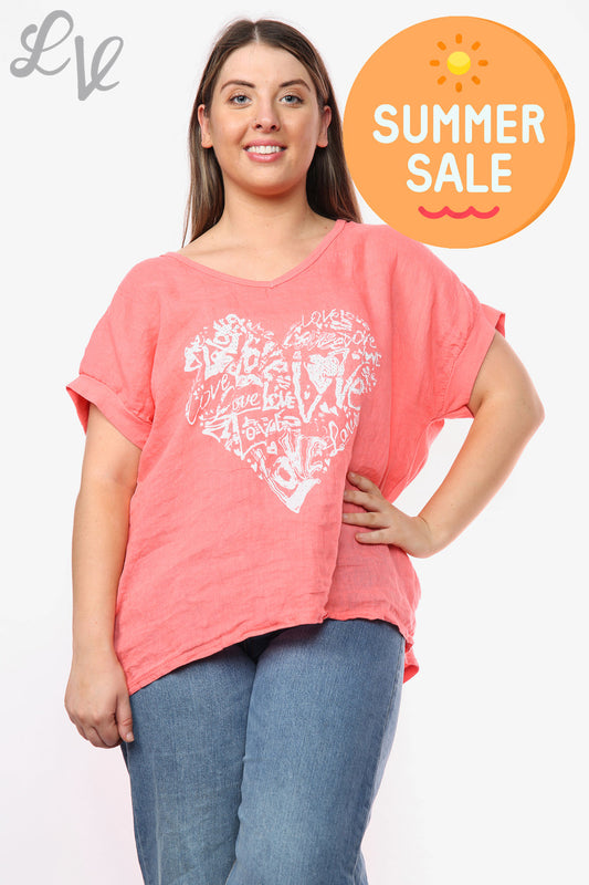 Ladies Heart Graffiti Top Coral Unit Price WAS £10.99 NOW £7.99