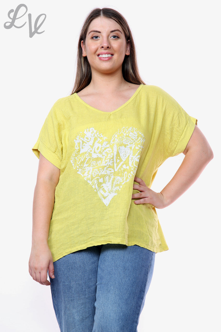 Dames Heart Graffiti Top Mosterdstukprijs WAS £10.99 NU £7.99