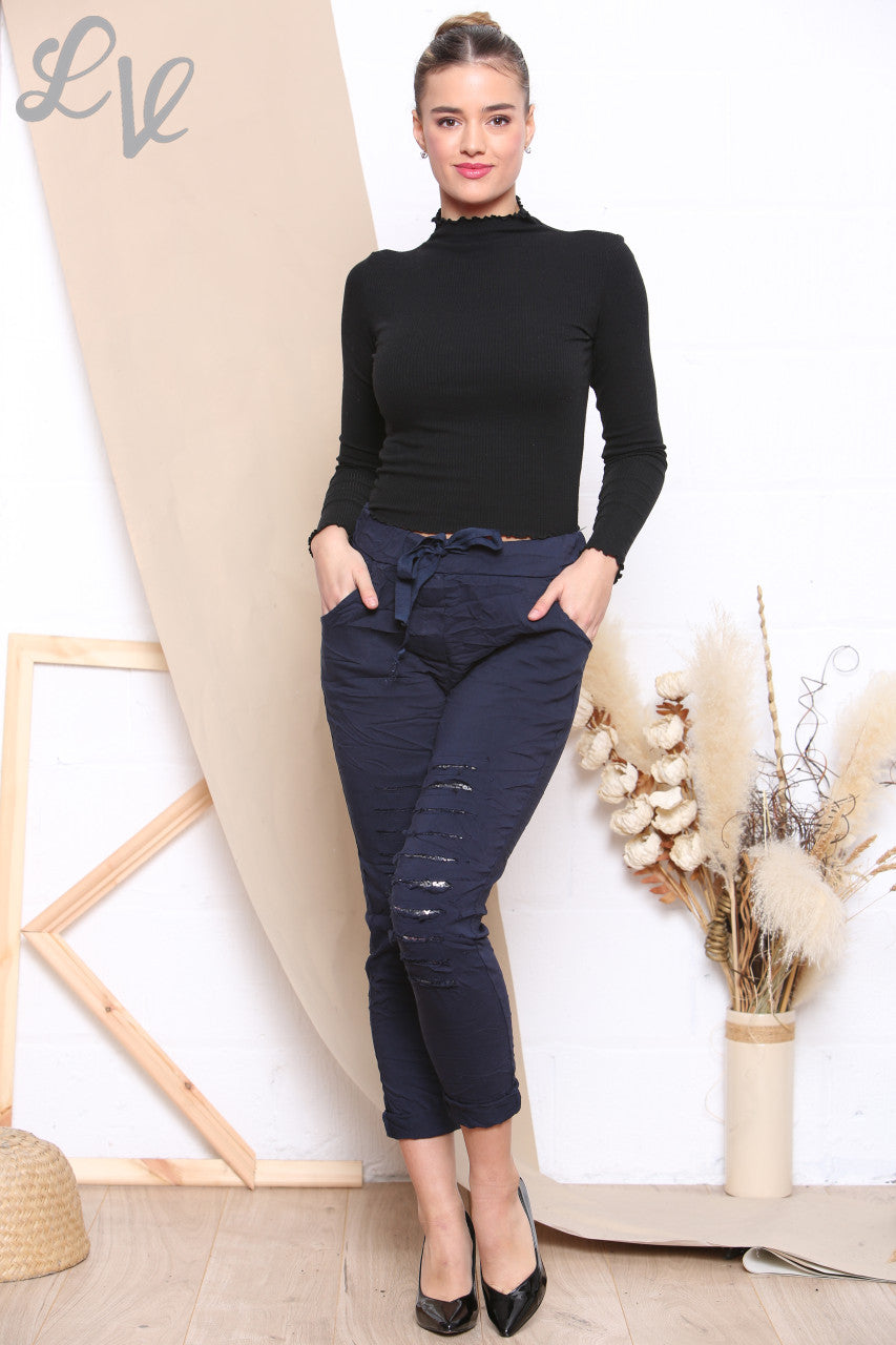 Ladies Ripped Sequin Magic Trousers Navy - Unit Price WAS £10.99 NOW £6.99