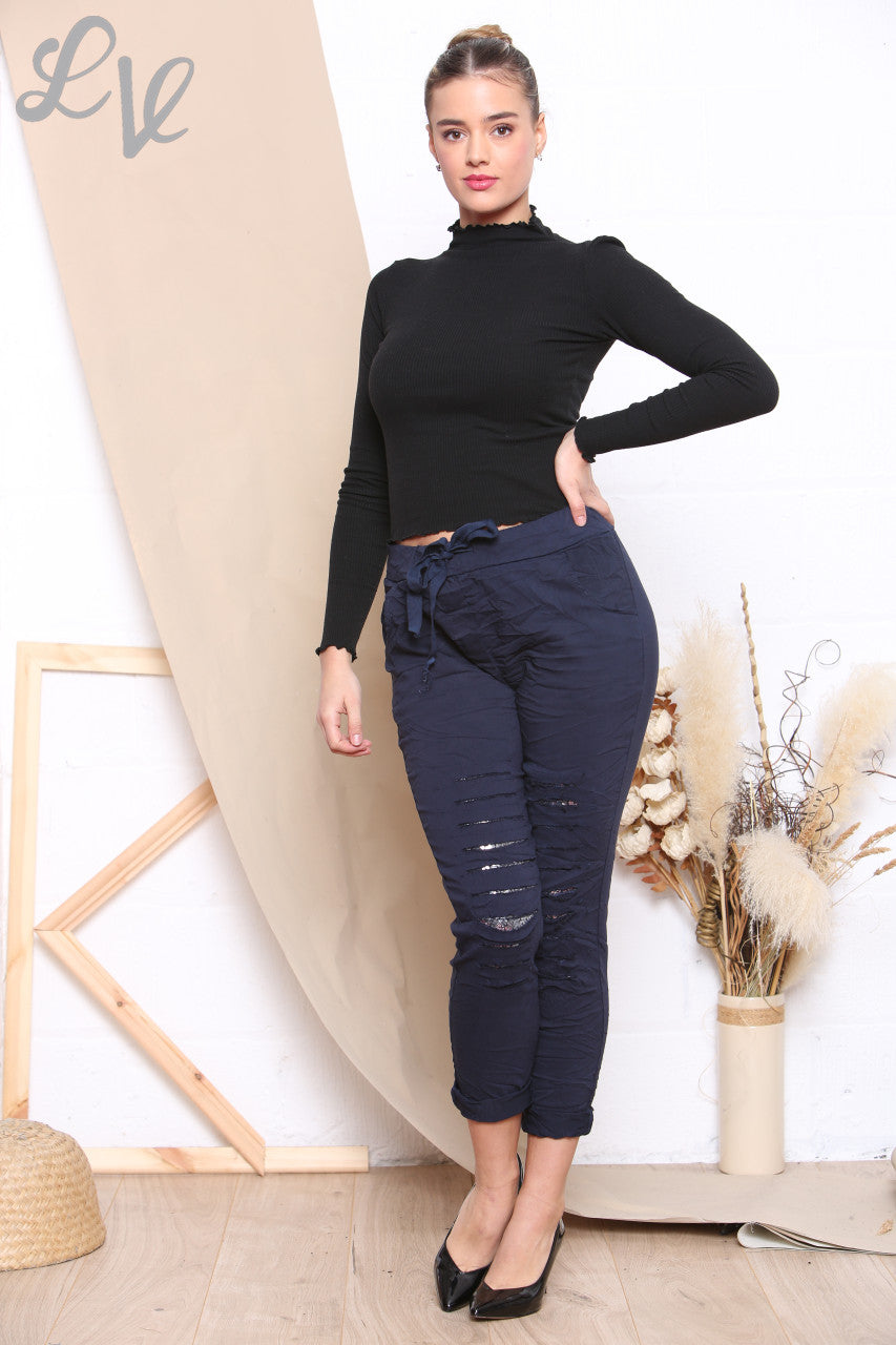 Ladies Ripped Sequin Magic Trousers Navy - Unit Price WAS £10.99 NOW £6.99