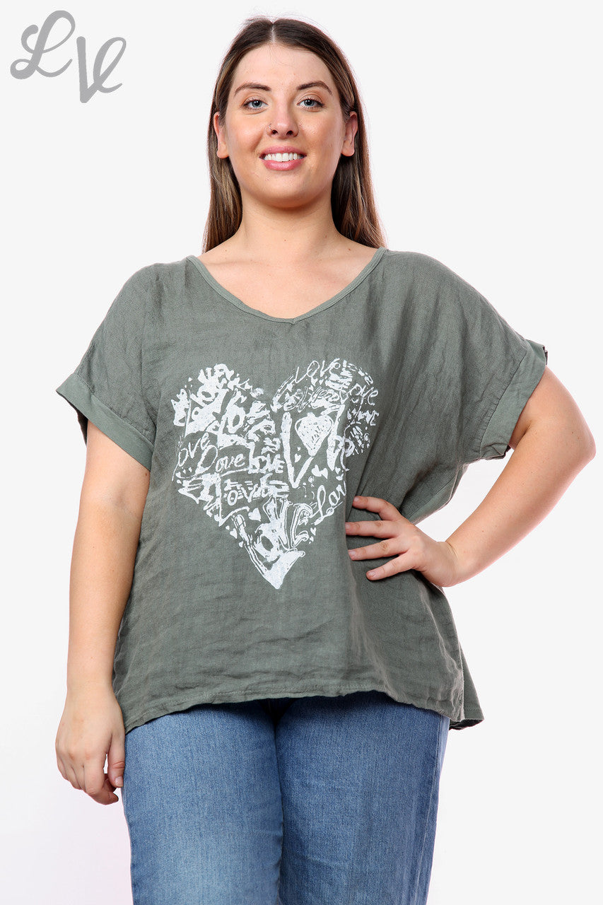 Dames Top Met Hartjes Graffiti Khaki Prijs WAS €10,99 NU €7,99