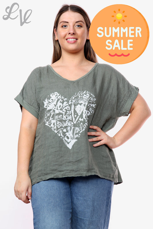Ladies Heart Graffiti Top Khaki Unit Price WAS £10.99 NOW £7.99