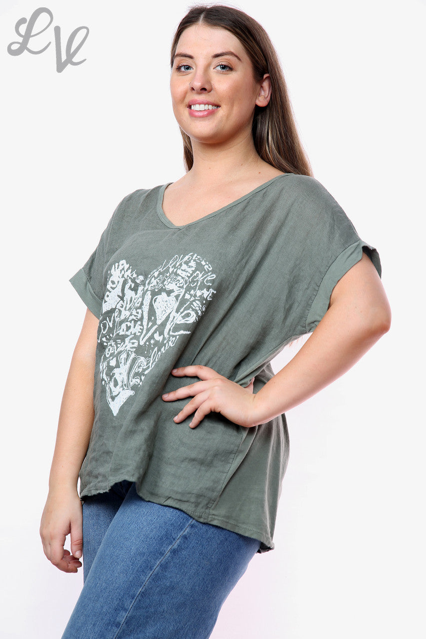 Dames Top Met Hartjes Graffiti Khaki Prijs WAS €10,99 NU €7,99