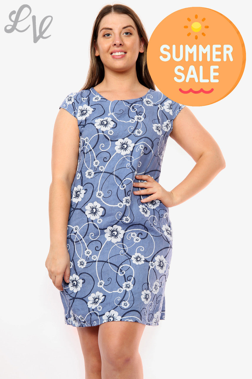 Damesjurk met bloemen & spiraalmotief, denim, eenheidsprijs WAS £ 14,99 NU £ 8,99