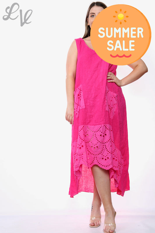 Dames mouwloze jurk van linnen met broderie, kersenrood, stukprijs: WAS €16,99 NU €8,99