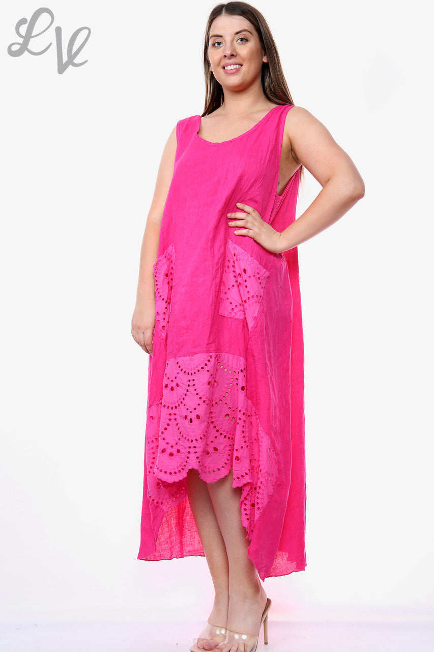 Dames mouwloze jurk van linnen met broderie, kersenrood, stukprijs: WAS €16,99 NU €8,99