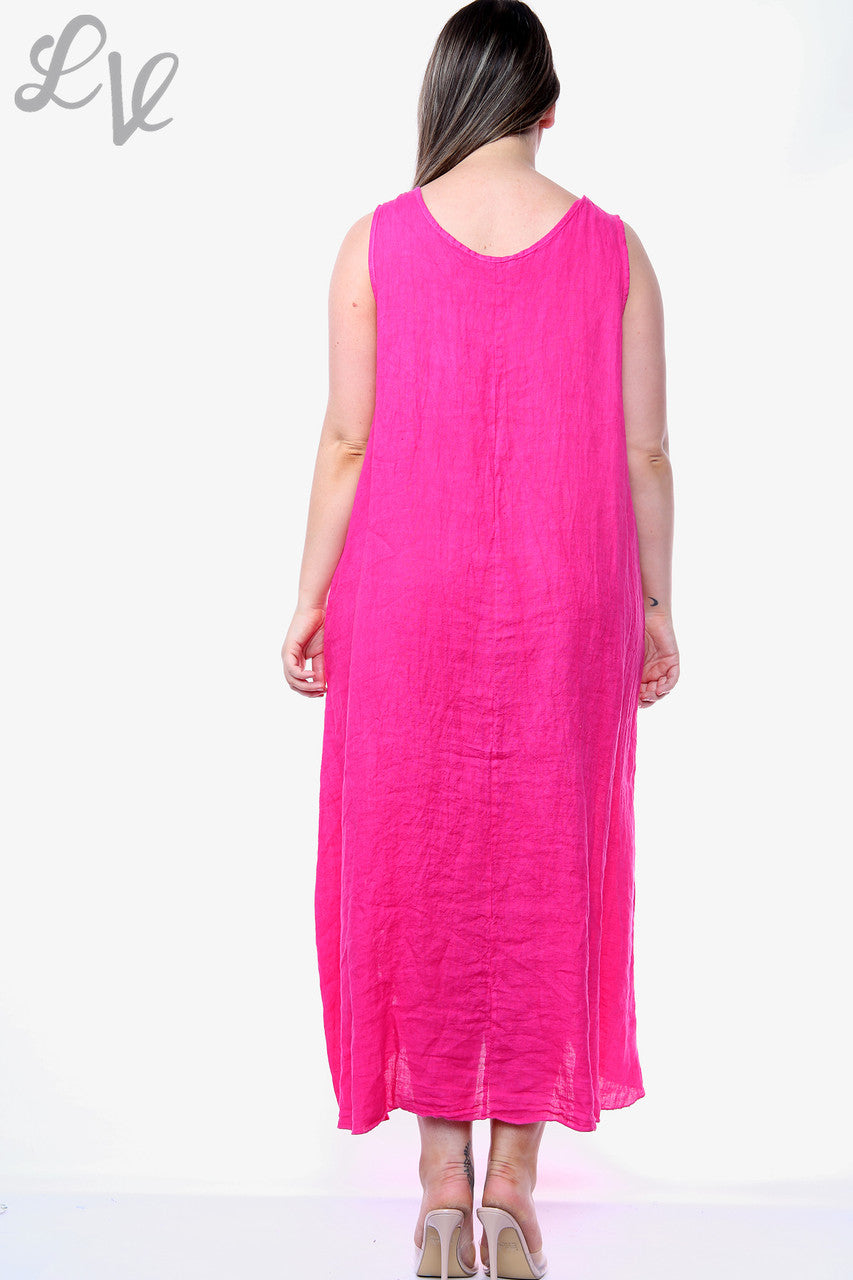 Dames mouwloze jurk van linnen met broderie, kersenrood, stukprijs: WAS €16,99 NU €8,99