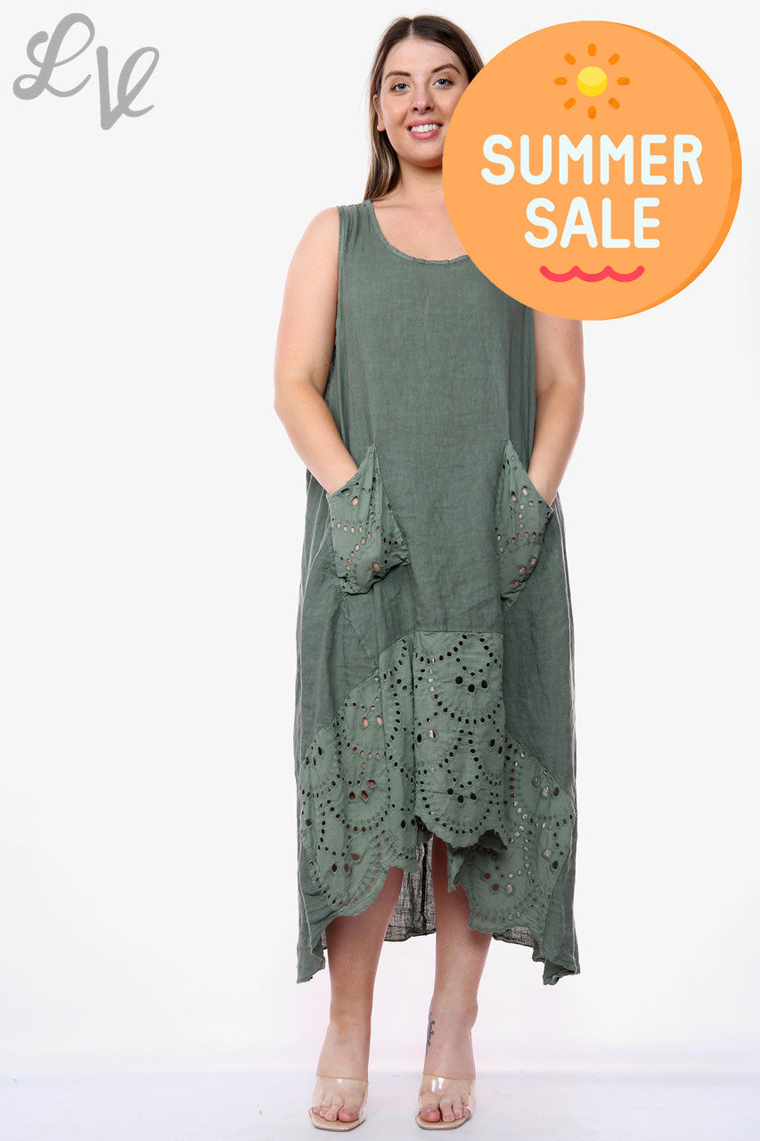 Dames mouwloze jurk met linnen en broderie khaki stukprijs WAS €16,99 NU €8,99