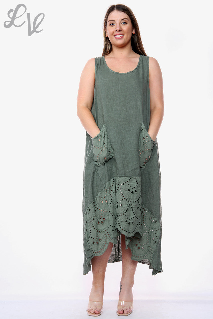 Dames mouwloze jurk met linnen en broderie khaki stukprijs WAS €16,99 NU €8,99