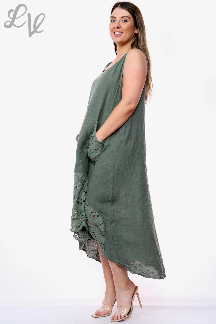 Dames mouwloze jurk met linnen en broderie khaki stukprijs WAS €16,99 NU €8,99