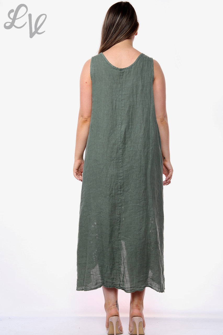 Dames mouwloze jurk met linnen en broderie khaki stukprijs WAS €16,99 NU €8,99