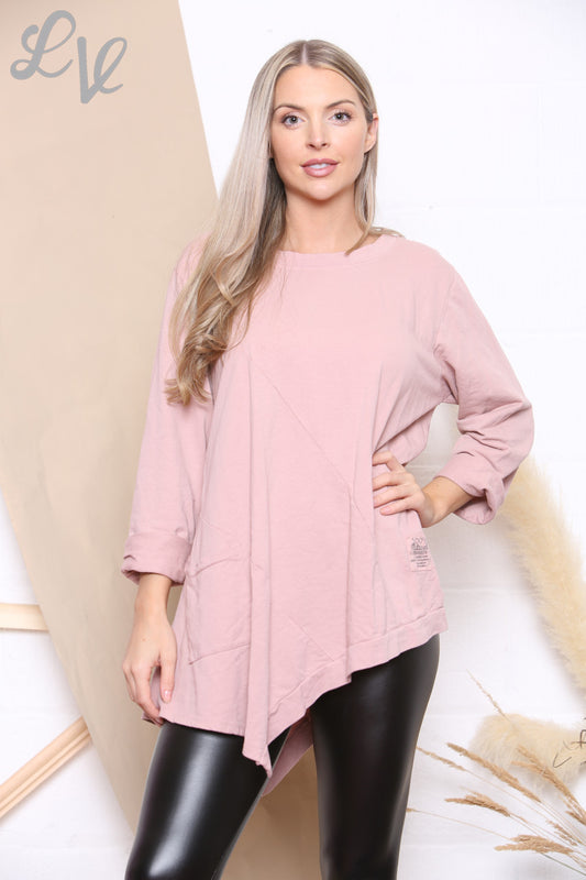 Ladies Plain Asymmetric Sweatshirt Top Dusty Pink Unit Price £7.99