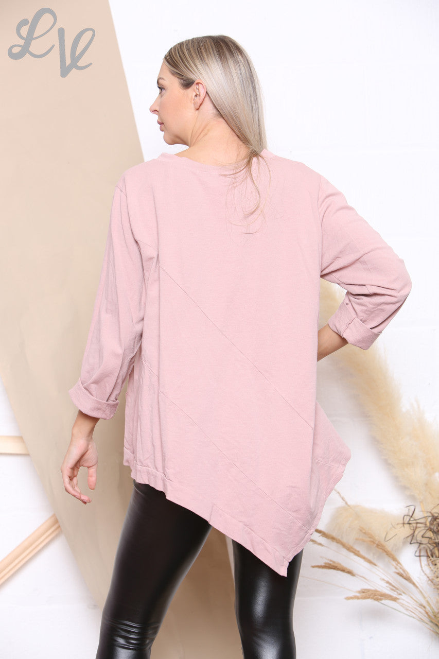 Dames Effen Asymmetrische Sweatshirt Top Stoffig Roze Stukprijs € 7,99
