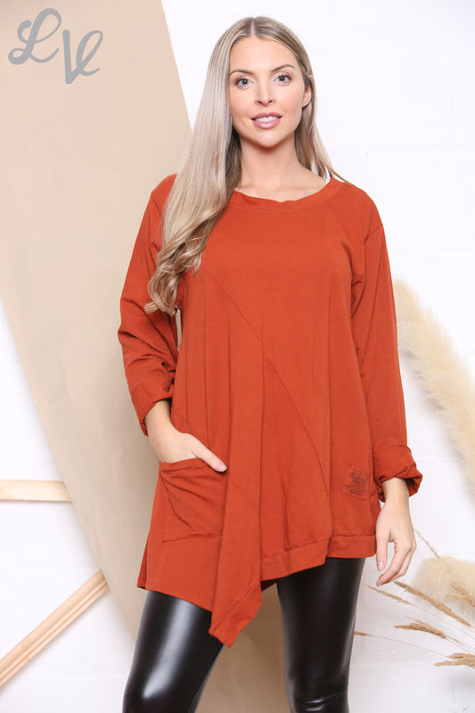 Ladies Plain Asymmetric Sweatshirt Top Rust Unit Price £7.99