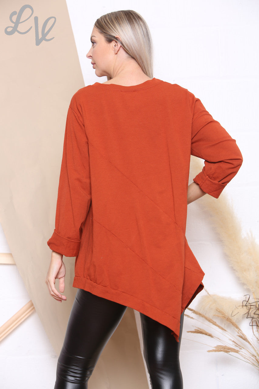 Ladies Plain Asymmetric Sweatshirt Top Rust Unit Price £7.99