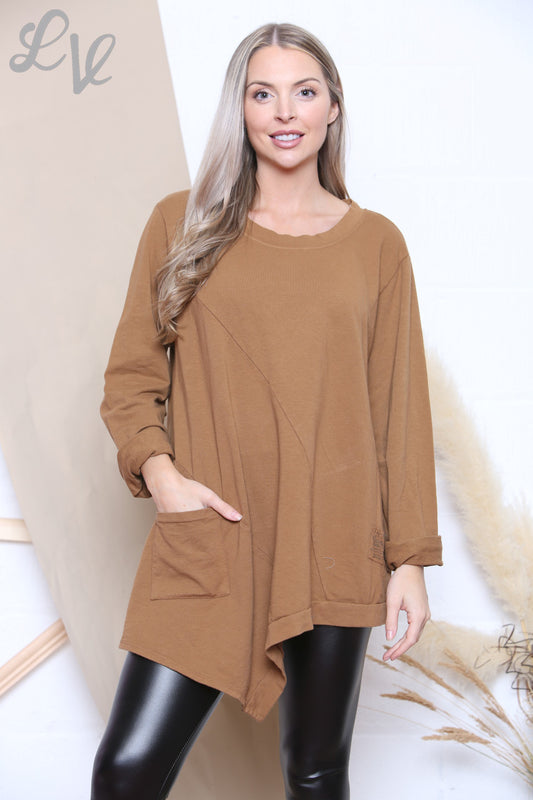 Ladies Plain Asymmetric Sweatshirt Top Tan Unit Price £7.99
