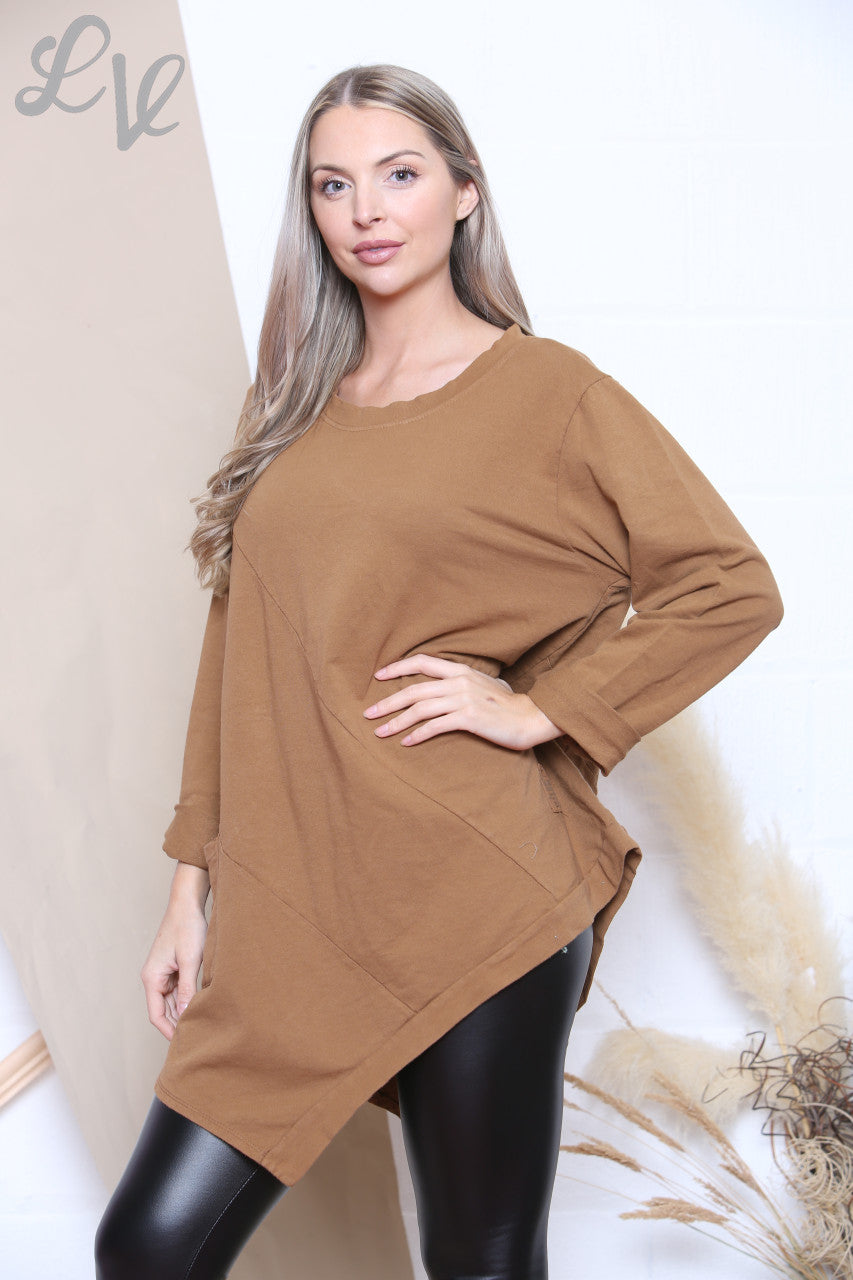 Ladies Plain Asymmetric Sweatshirt Top Tan Unit Price £7.99