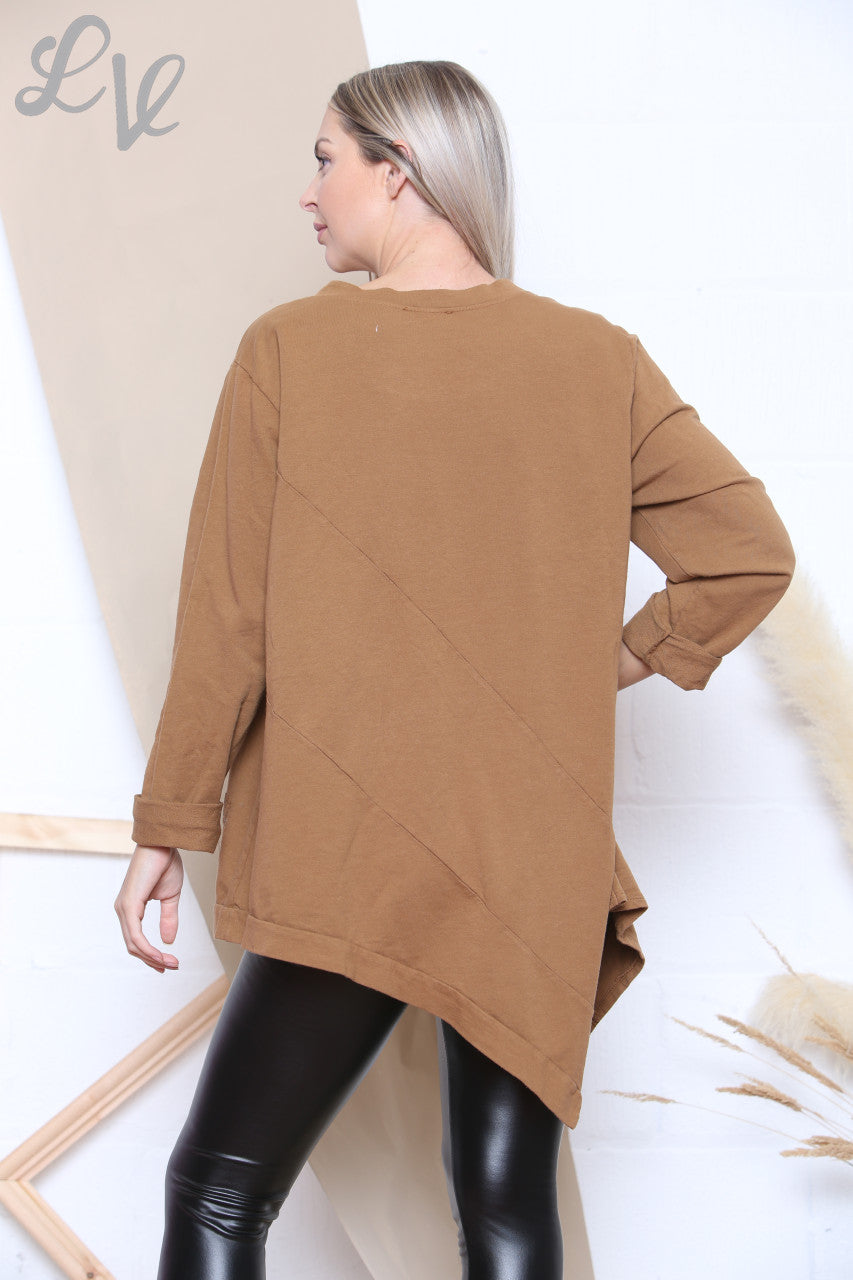 Ladies Plain Asymmetric Sweatshirt Top Tan Unit Price £7.99