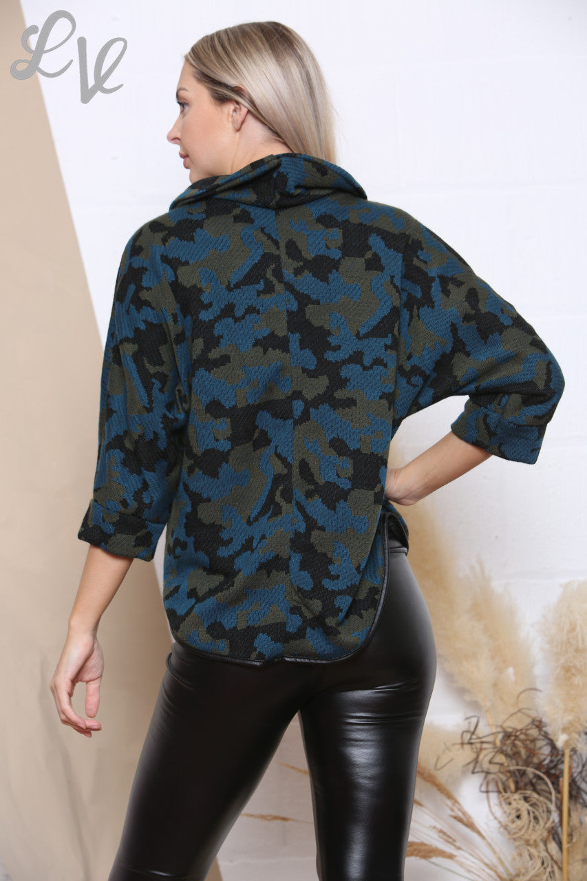 Ladies Camouflage Print Cowl Neck Jumper Teal Unit Price £8.99