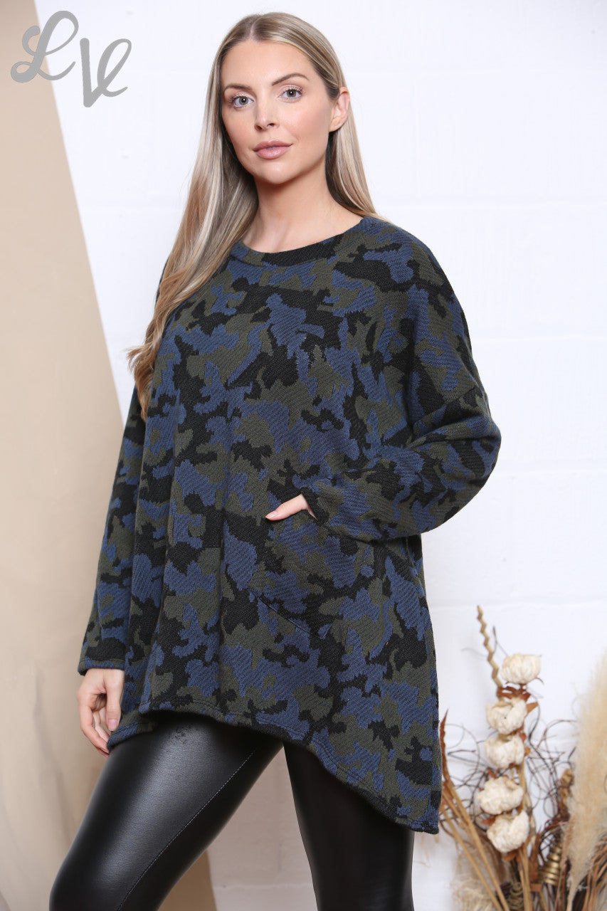 Ladies Camouflage Print Knitted Top Navy Unit Price WAS £9.99 NOW £4.99