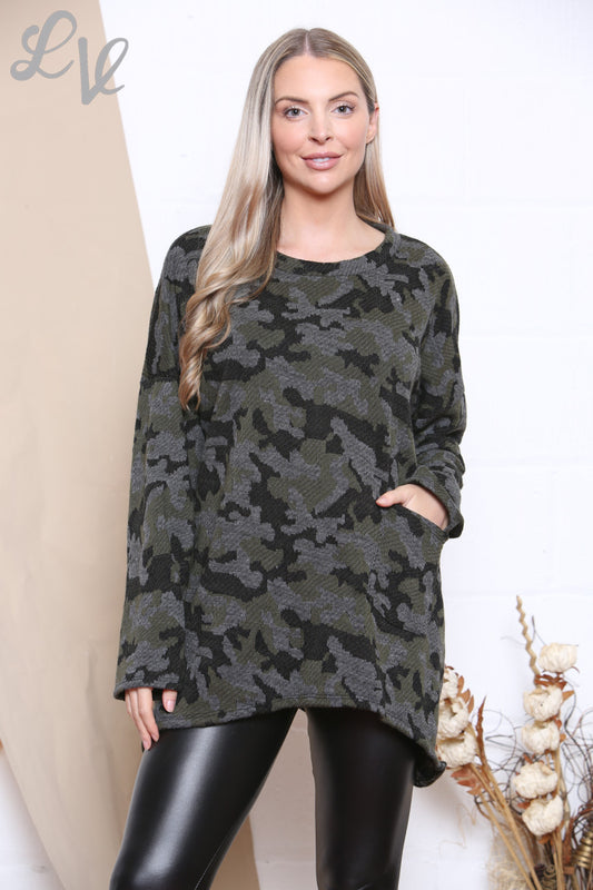 Dames Camouflageprint Gebreide Top Grijs Prijs WAS €9,99 NU €4,99