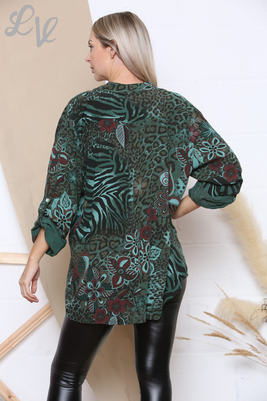 Dames overhemd met bloemen- en dierenprint Khaki Prijs per eenheid € 8,99