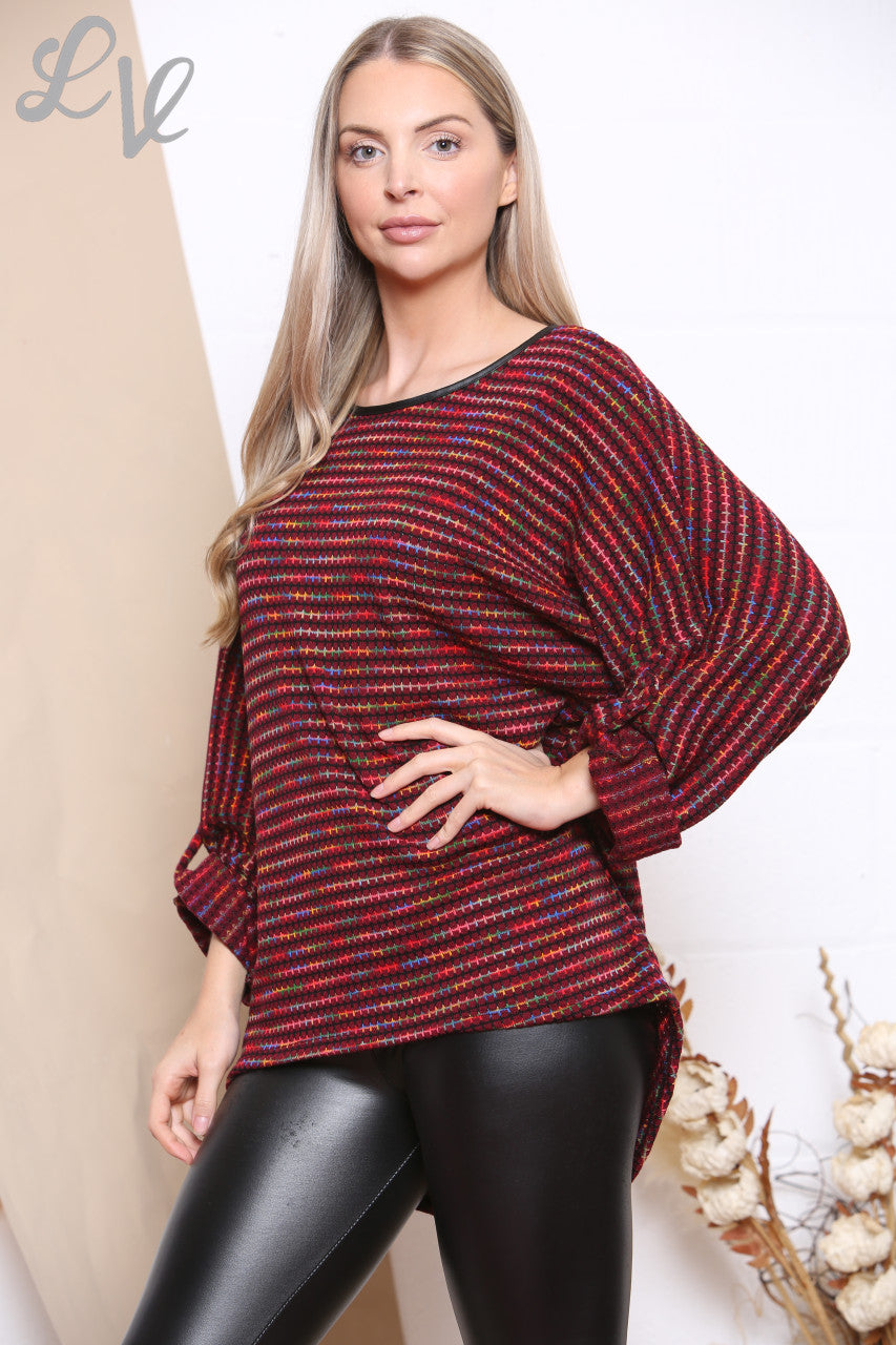 Dames meerkleurige gebreide top bordeauxrood per stuk € 6,99