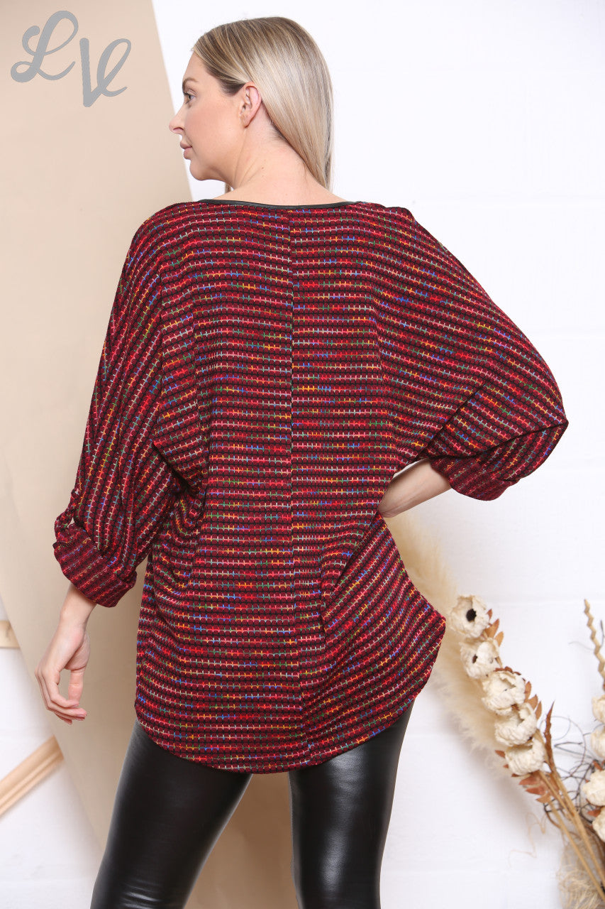Dames meerkleurige gebreide top bordeauxrood per stuk € 6,99