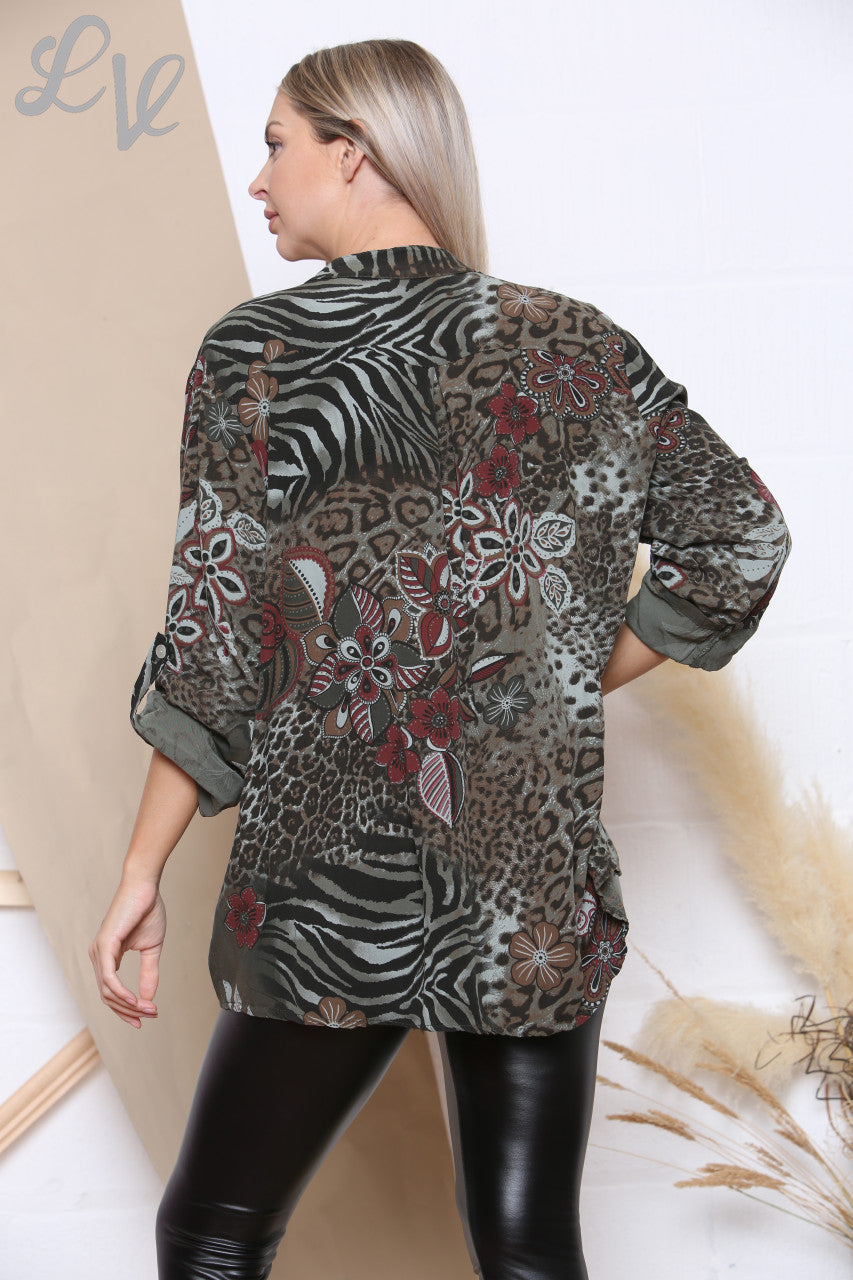 Ladies Floral & Animal Print Shirt Khaki Unit Price  £8.99