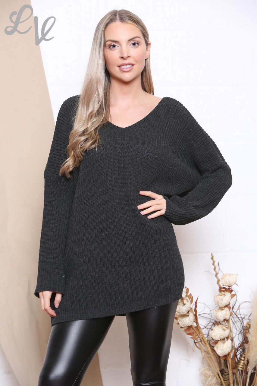 Ladies Knitted V Neck Jumper Charcoal Unit Price WAS £9.99 NOW £7.99
