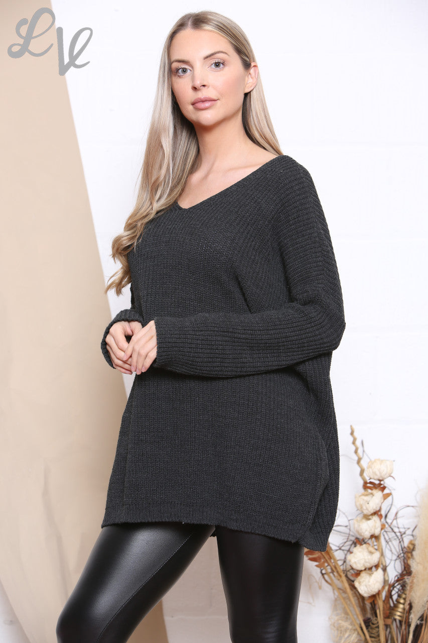 Ladies Knitted V Neck Jumper Charcoal Unit Price WAS £9.99 NOW £7.99