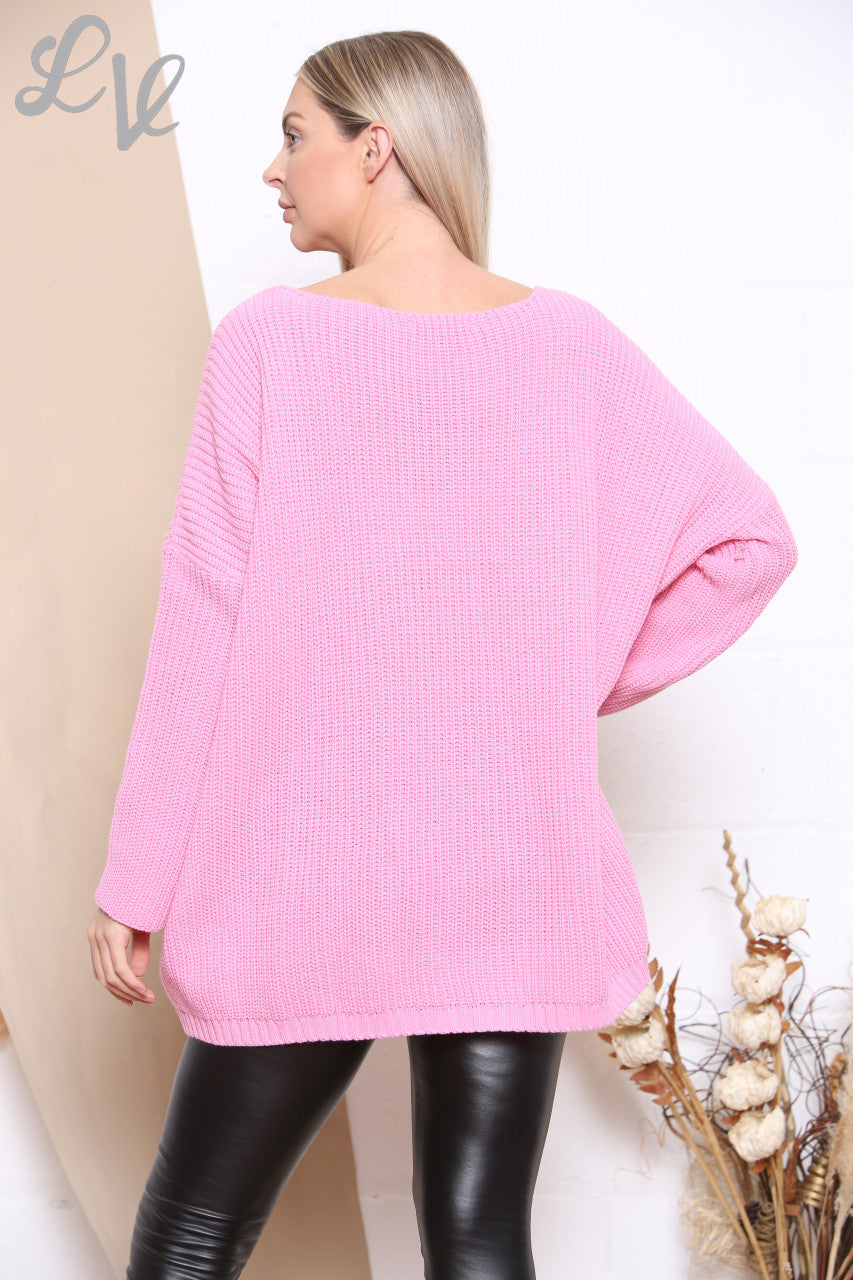 Ladies Knitted V Neck Jumper Pink Unit Price £8.99