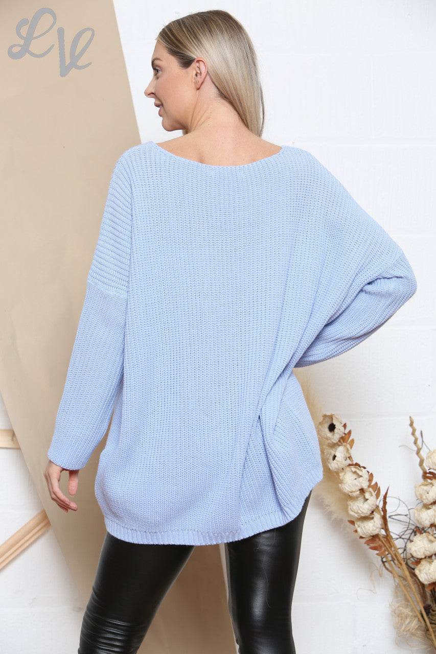 Dames Gebreide Trui met V-hals Blauw Stukprijs € 8,99