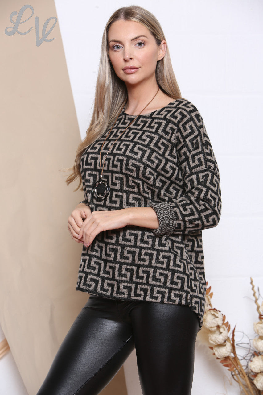 Ladies Geometric Print Top With Necklace Taupe Unit Price £8.99