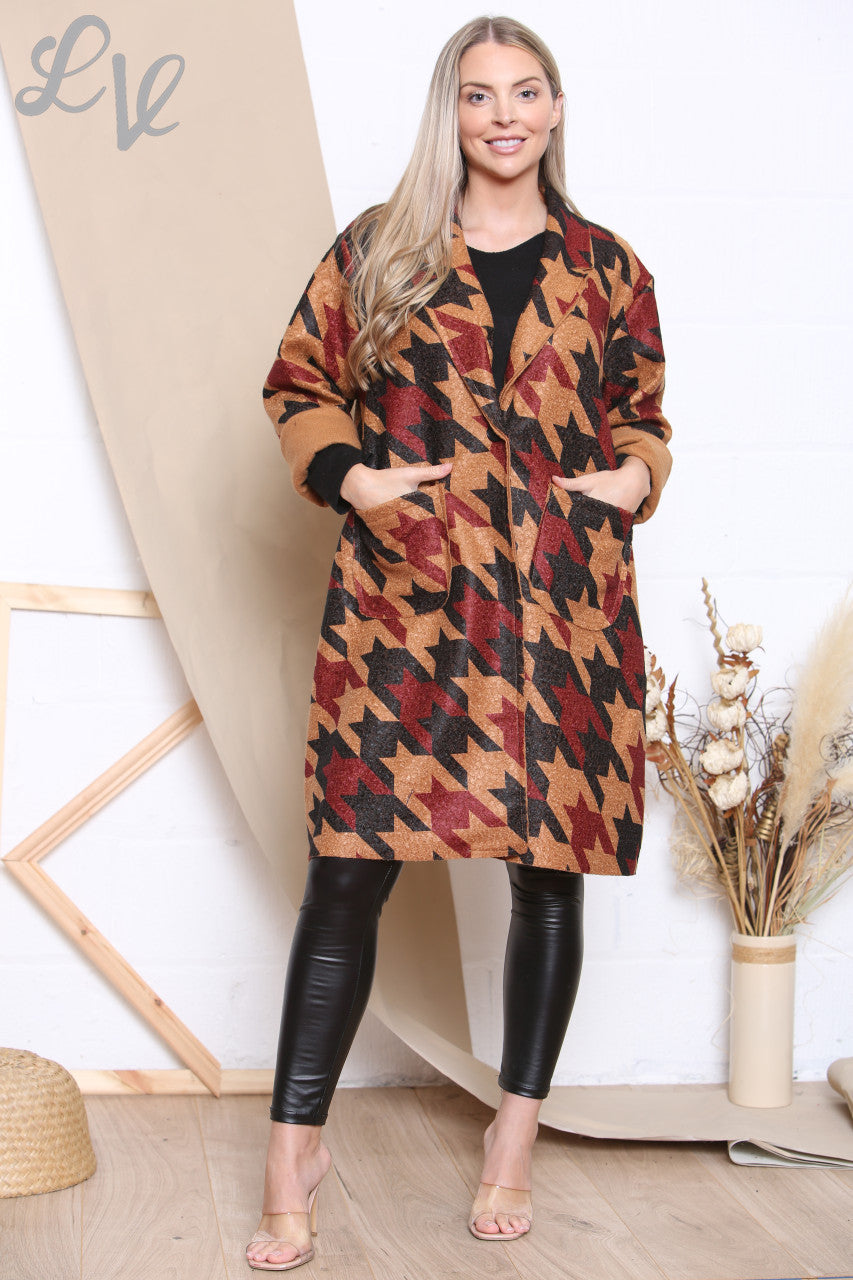 Ladies Dogtooth Print Jacket Coat Burgundy Unit Price £12.99
