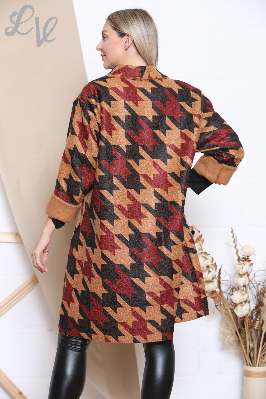Ladies Dogtooth Print Jacket Coat Burgundy Unit Price £12.99