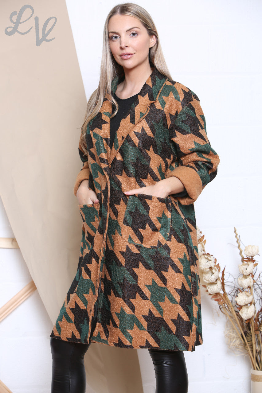 Ladies Dogtooth Print Jacket Coat Green Unit Price £12.99