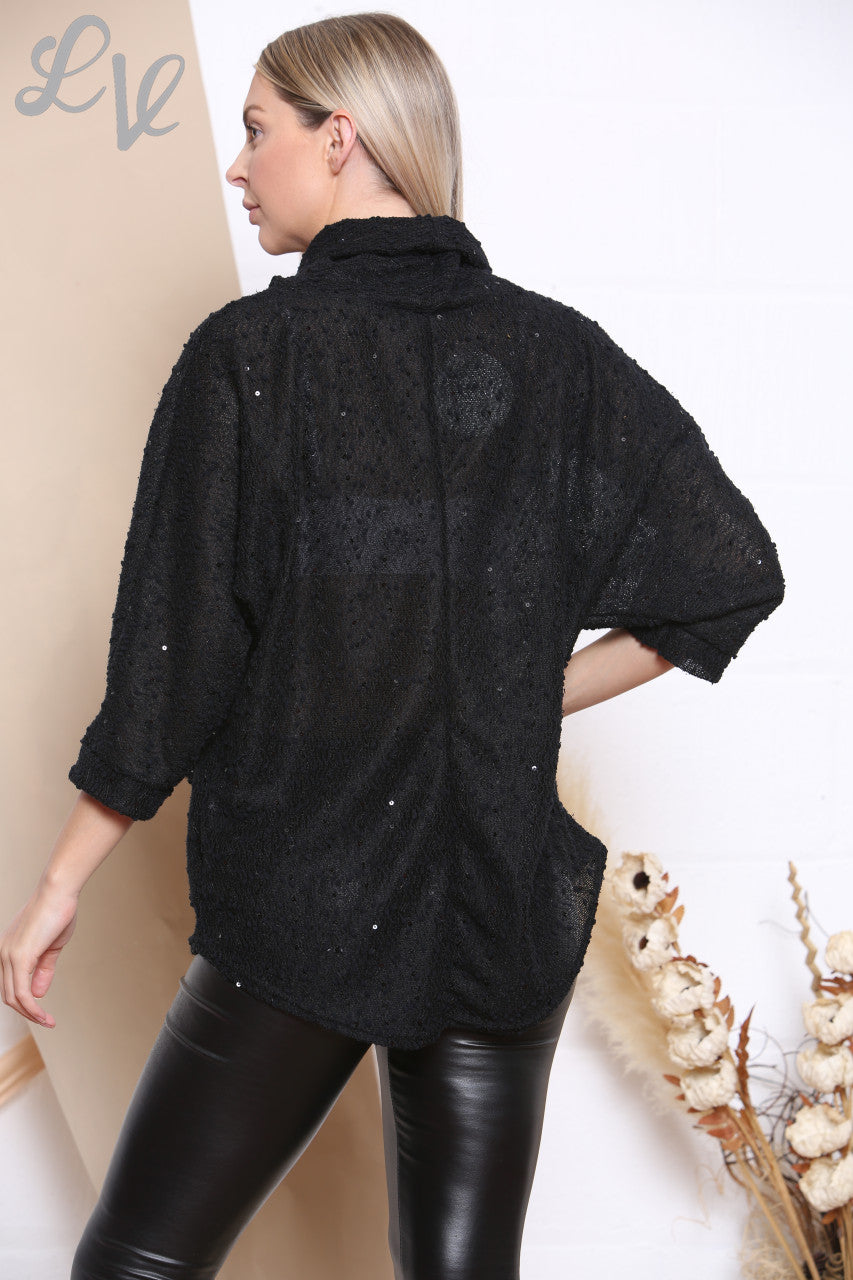 Dames Top met Pailletten en Watervalhals Zwart Stukprijs € 9,99