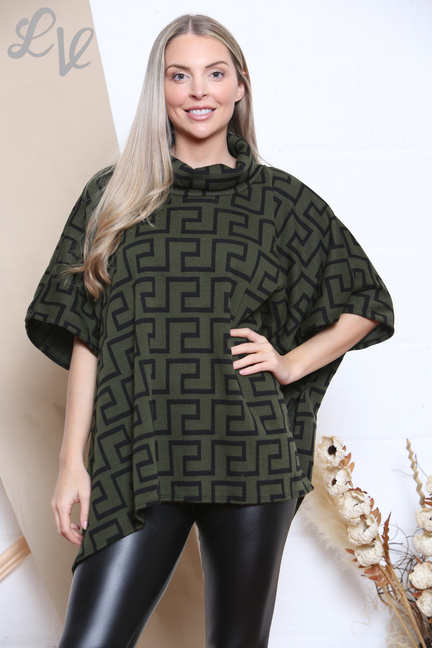 Ladies Geometric Print Cowl Neck Jumper Khaki