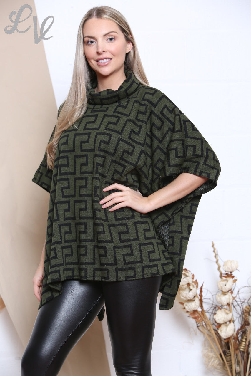 Ladies Geometric Print Cowl Neck Jumper Khaki