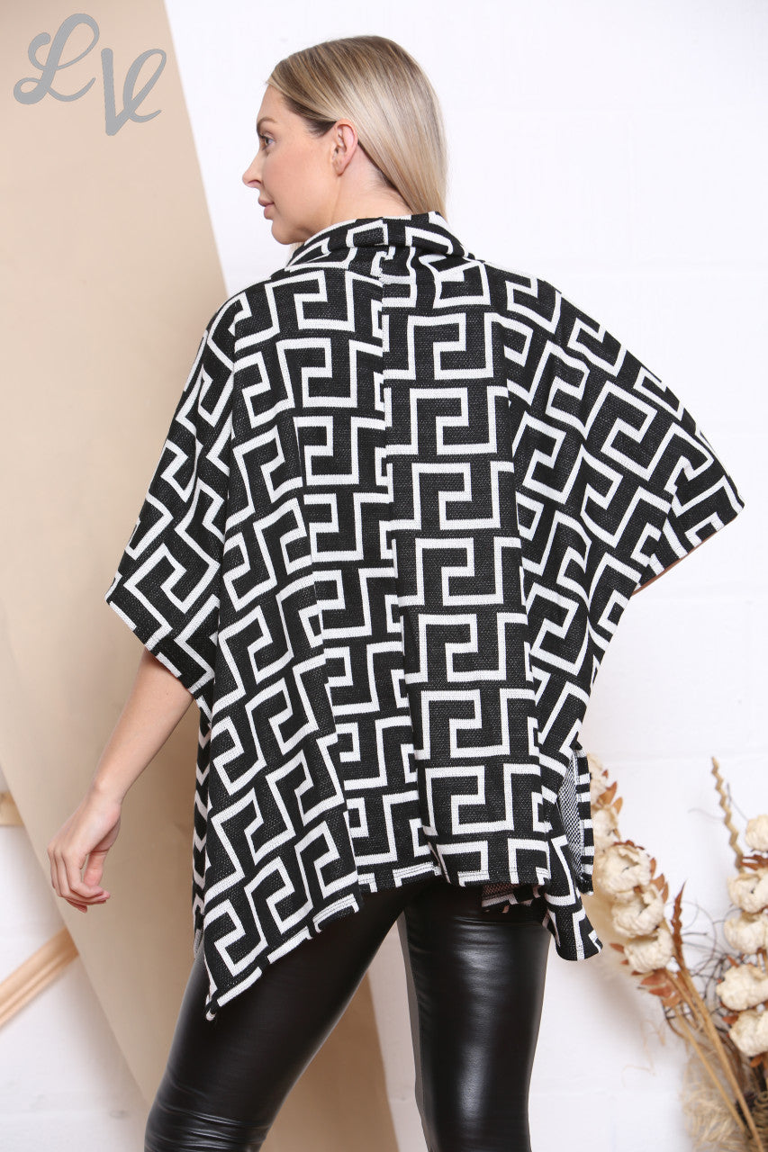 Ladies Geometric Print Cowl Neck Jumper Black