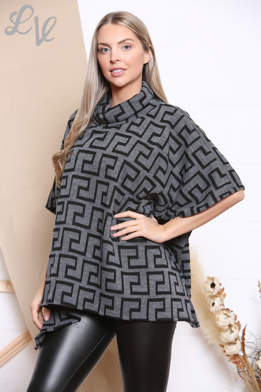 Ladies Geometric Print Cowl Neck Jumper Grey