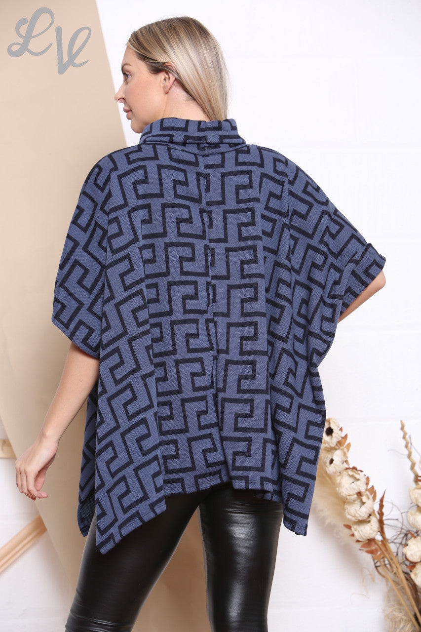 Ladies Geometric Print Cowl Neck Jumper Denim