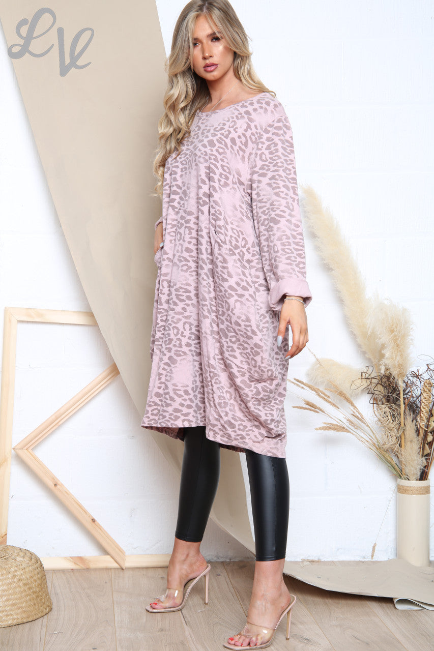 Ladies Animal Leopard Print Tunic Dress Top Dusty Pink Unit Price £8.99