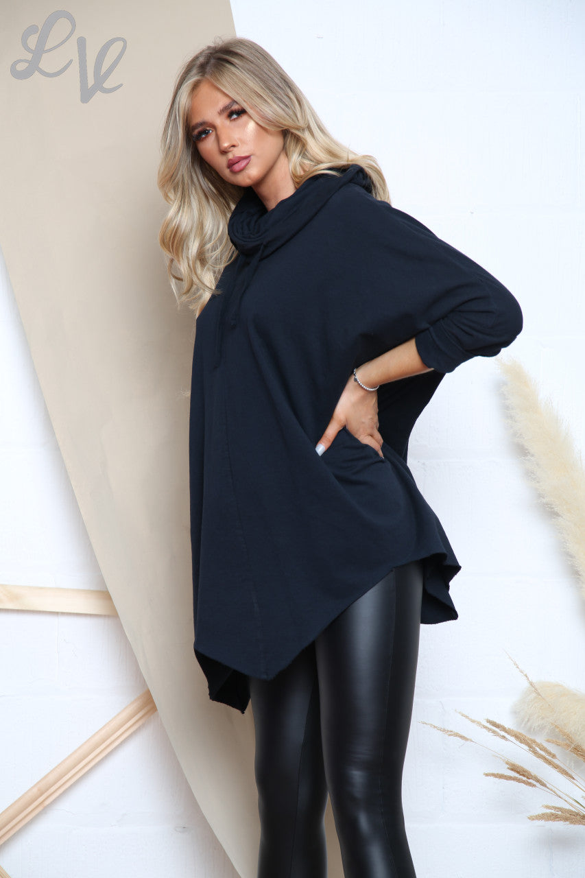 Ladies Asymmetric Hem Cowl Neck Top Black  Unit Price £14.99