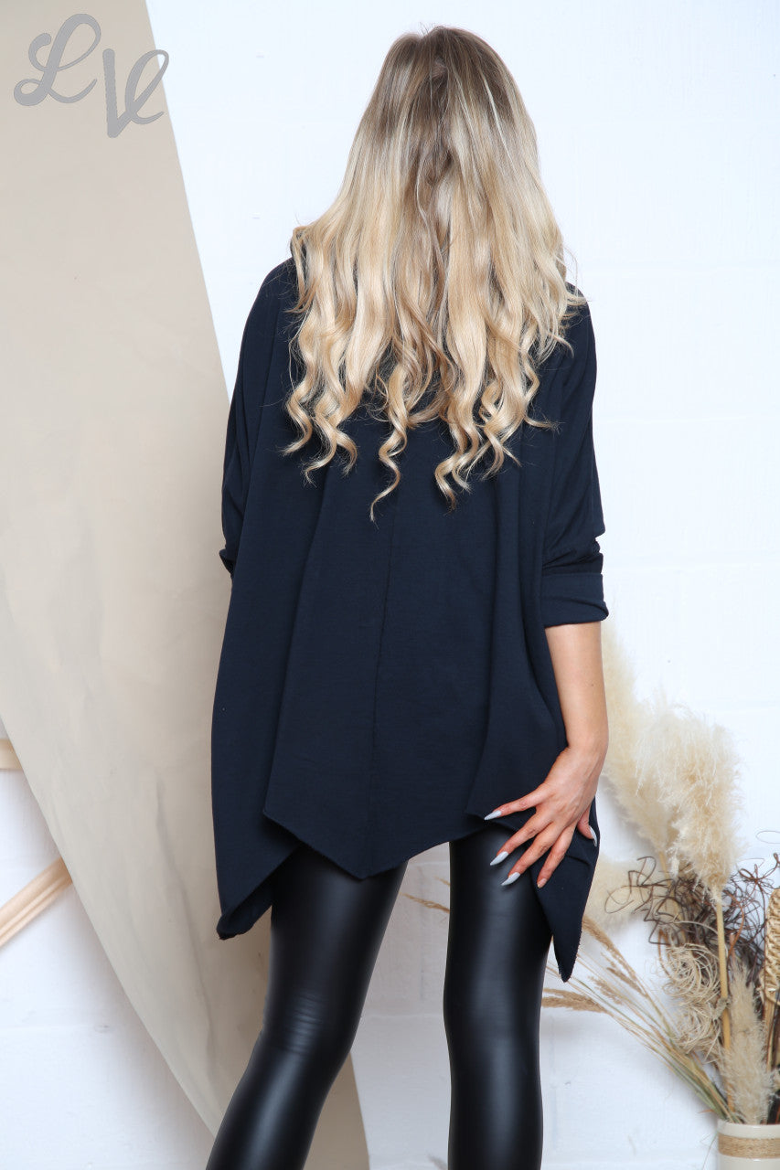 Ladies Asymmetric Hem Cowl Neck Top Black  Unit Price £14.99