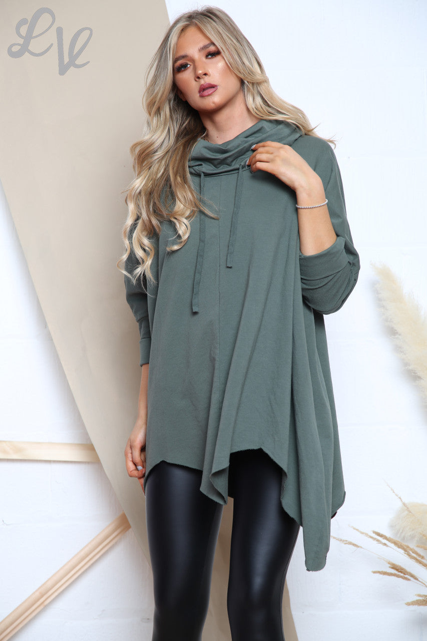 Ladies Asymmetric Hem Cowl Neck Top Khaki Unit Price £14.99