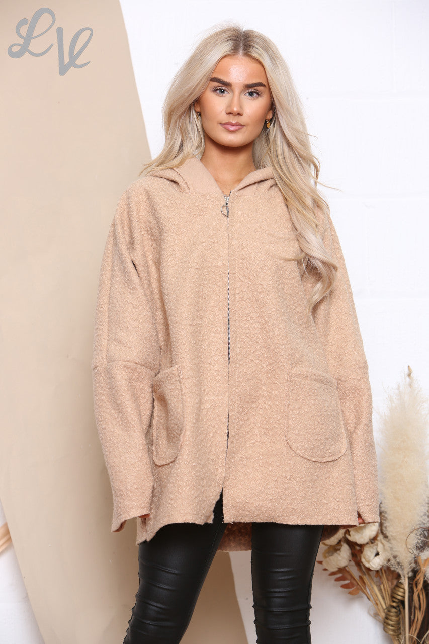 Ladies Teddy Bear Wool Blend Hooded Jacket Coat Stone  - Unit Price WAS £16.99 NOW £9.99
